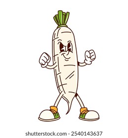 Groovy daikon rabanete personagem vegetal em desenho animado retro com cara engraçada, vetor cômico. Groovy daikon rabanete em sapatos hipster com punhos de boxe e sorriso de sorriso de sorriso para vegetal personagem de desenho animado retro