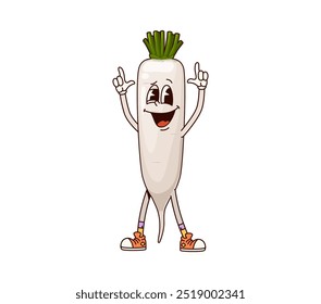 Carácter vegetal daikon Groovy con ojos grandes, expresivos y sonrisa amistosa, gestos señaladores intermitentes. El Vector de dibujos animados aislado maduro y el rábano crudo, el personaje saludable de la comida de la granja exuda un ambiente juguetón