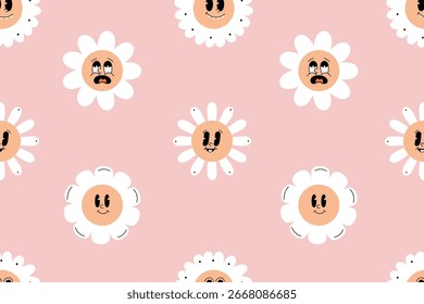 Margaritas Groovy, patrón sin fisuras en estilo retro. Caras florales divertidas, fondo interminable. Flores funky felices lindas, impresión repetida, diseño de la textura para la materia textil y el Fondo de pantalla. Ilustración vectorial plana