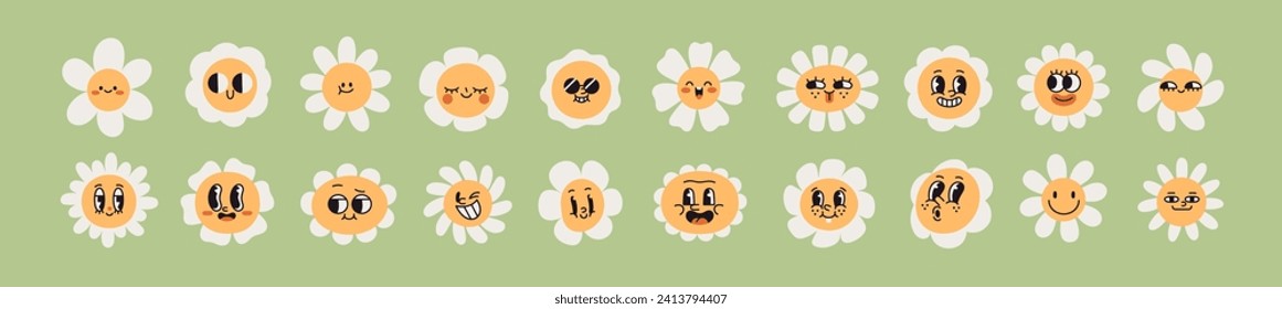 Groovy daisies set. Cute chamomile flower heads in retro 70s style. Floral faces, funny characters with happy emotions. Vintage comic camomile emojis. Isolated flat graphic vector illustrations