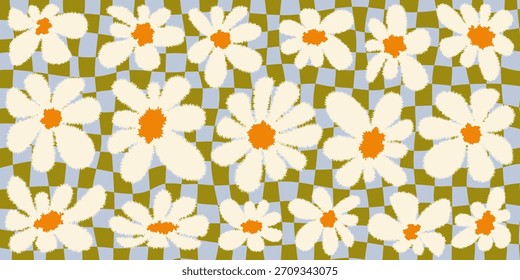Groovy daisy fundo com flores brancas abstratas em verde e azul padrão quadriculado. Composição em margarida Groovy em estilo floral retrô com textura macia. Ilustração vetorial