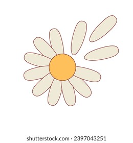 Groovy daisy camomile with torn petals. Retro vintage colorful design element.  Vector illustration isolated on white background