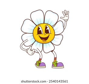 Groovy daisy chamomile flower character. Isolated cartoon vector camomile blossom personage with white petals, vintage sneakers, big eyes, wide, charming smile, and a laid-back, groove summer vibe