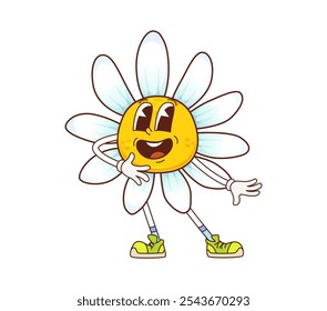 Carácter de flor de manzanilla de margarita. Flor de Vector de dibujos animados aislados con pétalos blancos y centro amarillo. Personaje hippie de la floración del jardín del verano con la cara sonriente que evoca el espíritu retro de los años 60 y 70