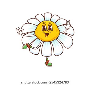 Groovy daisy chamomile flower character flashing peace sign. Cartoon vector charming hippie camomile blossom with white petals, cheerful expression and retro sneakers exudes playful summer retro vibes