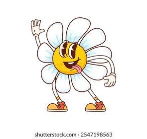 Groovy daisy chamomile flower character with sticking tongue and laid-back summer vibe. Isolated cartoon vector camomile blossom personage with white petals, vintage sneakers, big eyes and wide smile