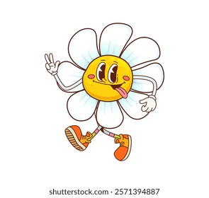 Groovy daisy or chamomile flower character with tongue out, vector retro cartoon. Happy groovy daisy or chamomile flower with hippie peace sign and silly face smile for psychedelic cartoon character