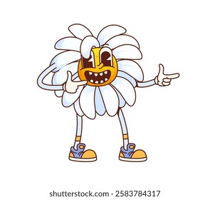 Groovy daisy chamomile flower with freaky silly face, vector retro cartoon character. Funny groovy daisy chamomile flower with psychedelic smile and funky gesture in hipster shoes for emoji emoticon