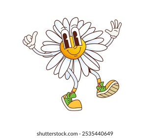 Groovy daisy chamomile flower funny character flashing thumbs-up sign. Cartoon vector charming retro hippie camomile blossom with white petals, cheerful expression and sneakers exudes summer vibes