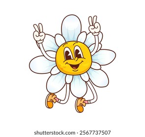 Groovy daisy chamomile flower funny character in retro cartoon, vector emoji face. Hippie groovy daisy chamomile flower character peace sign fingers gesture and silly face for freaky happy emotion