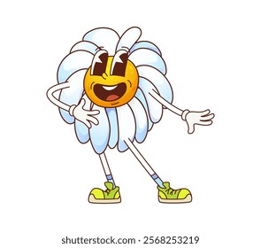 Groovy daisy chamomile flower funny character. Cartoon vector y2k blossom with white petals and yellow center. Summer garden bloom hippie personage with smiling face evoking retro spirit of 60s or 70s