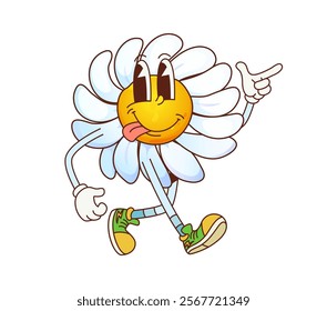 Groovy daisy chamomile flower, retro cartoon character with funny face, vector emoji. Groovy daisy chamomile flower character with silly face and tongue out freaky emotion walking in hipster shoes