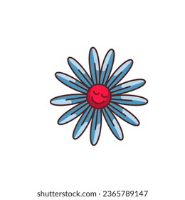 Groovy daisy character vector illustration. Cartoon isolated retro psychedelic sticker with flower, cute chamomile with blue petals, funky smile on funny red face, comic daisy mascot with eyes closed