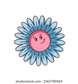 Groovy daisy character vector illustration. Cartoon isolated funny retro psychedelic flower sticker with eyes and shy smile on red face and blue petals, daisy badge as happy summer hippie symbol
