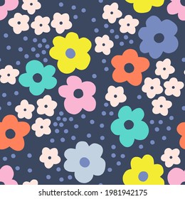 Groovy daisy dots vector seamless pattern. Vibrant multicoloured different size hippie floral background.
