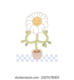 Groovy daisy flower cartoon character meditate vector illustration. Flower Power aesthetic design element for planner, sticker, scrapbook, poster, card , pattern, tee shirt