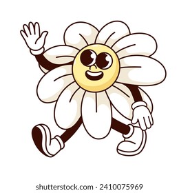 Groovy daisy flower cartoon character waving with hand up. Funny retro floral mascot with arms and legs walking, greeting flower emoji and cartoon sticker of 60s 70s style vector illustration