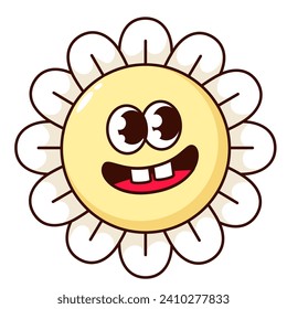 Groovy daisy flower cartoon character with funky smile. Funny retro mascot with trippy laugh, cartoon flower smiling with teeth in open mouth, psychedelic sticker of 70s 80s vector illustration