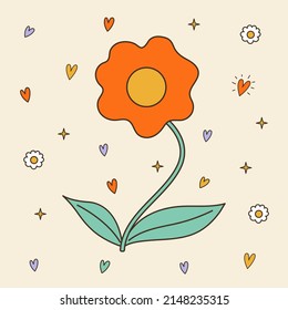 Groovy daisy flower with deco elements. 70s, 80s, 90s vibes funky sticker. Retro vector illustration. Vintage nostalgia element for card, poster design and print