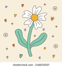 Groovy daisy flower with deco elements. 70s, 80s, 90s vibes funky sticker. Retro camomile vector illustration. Vintage nostalgia element for card, poster design and print
