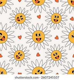 Groovy  daisy flower pattern. Seamless floral Y2K print with cartoon funky flower child character, retro hippie smiling chamomile background. Vector groovy texture.