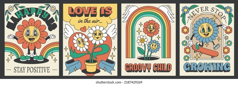 Groovy daisy flower posters. Psychedelic chamomiles with phrases, retro style faces, 70s hippie cards collection, rainbows and botanical elements, vintage print, tidy vector set