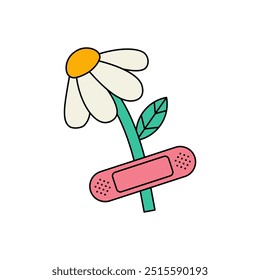 Groovy margarida flor. Camomila de desenho animado retro com adesivo gesso, adesivo vintage na moda em estilo de 60s, 70s. Ilustração vetorial.
