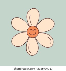 Groovy Daisy Flower Round Icon. Isolated Vector Illustration Camomile In 1970s Retro Style.