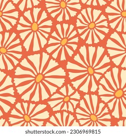 Groovy daisy flower seamless pattern. Floral vector background in 1970s hippie retro style. Orange and yellow color.