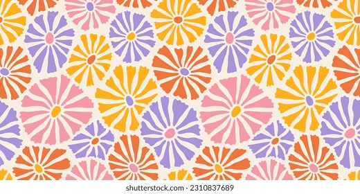 Groovy daisy flower seamless pattern. Floral vector background in 1970s hippie retro style. Orange, yellow and pink color.