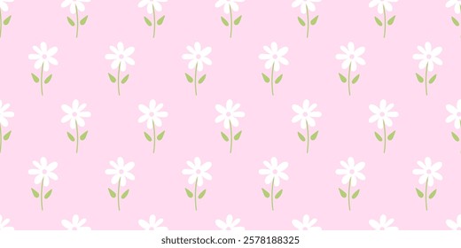 Groovy daisy flower seamless pattern. White flowers on pink background. Cute hand drawn floral background. Vector Retro Pattern. Good for textile, children prints, covers, phone cases, wallpaper