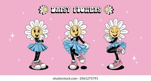 Groovy daisy flower set. Comic mascot of daisies with happy smile face, hands and feet, in different poses with a flowing skirt in the wind. Trendy summer vector illustration.