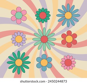 Groovy daisy flowers colorful set. Hippie retro style. Flower icons. Vector illustration