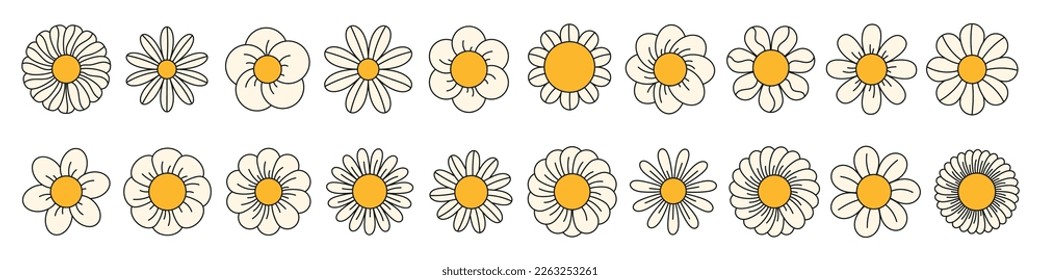 Groovy daisy flowers face collection. Retro chamomile in cartoon style. Happy stickers set from 70s. Vector graphic illustration