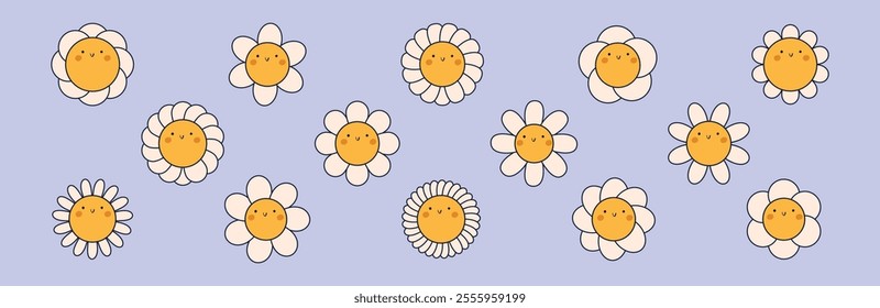 Groovy daisy flowers face collection. Retro chamomile smiles in cartoon style. Happy stickers set from 70s. Vector graphic illustration