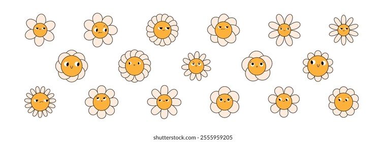 Groovy daisy flowers face collection. Retro chamomile smiles in cartoon style. Happy stickers set from 70s. Vector graphic illustration