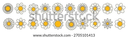 Groovy daisy flowers face collection. Retro chamomile in cartoon style. Happy stickers set from 70s. Vector graphic illustration