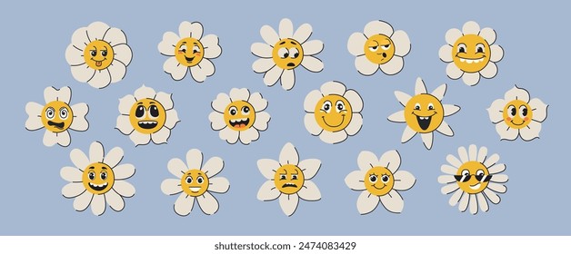 Groovy daisy flowers face set. Funky flower characters, cute smiling chamomiles in trendy psychedelic retro y2k style. Hippie funny floral stickers or trippy plants with different facial expressions.
