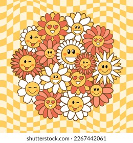 Groovy daisy flowers with funny smiling faces on checkered background. Flower Power. Vector illustration in trendy retro 70s hippie style for t-shirt print, textile, clothes and poster design. 