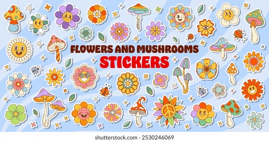 Groovy daisy flowers and mushrooms stickers pack. Cartoon vector retro hippie patches with playful chamomile blooms and whimsical fungi plants for kids fun diy, scrapbooks, journal decor and crafts