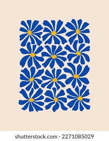 Groovy daisy flowers pattern. Minimalistic illustration of chamomile flowers in trendy Matisse style. Botanical abstract art poster.