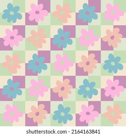 Groovy daisy flowers seamless pattern in 1970s style. Funny simple checkerboard print for fabric, paper, T-shirt. Doodle vector illustration for decor and design.


