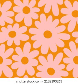 Groovy Daisy Flowers Seamless Pattern  Floral Vector Background in 1970s Hippie Retro Style for Print Textile  Wrapping Paper  Web Design   Social Media  Orange Color 