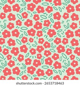 Groovy Daisy Flowers Seamless Pattern. Floral Vector Background in 1970s Hippie Retro Style for Print on Textile, Wrapping Paper, Web Design and Social Media. 