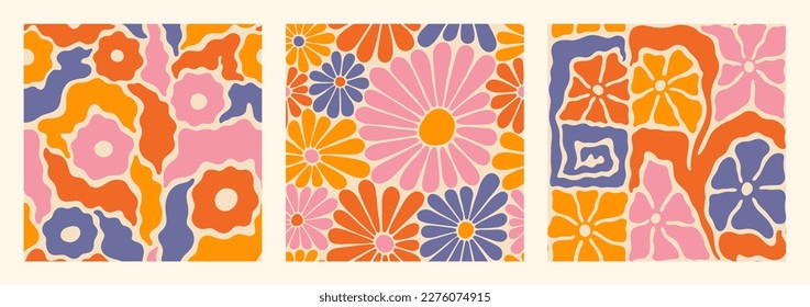 Groovy Daisy Flowers Seamless Patterns Set. Matisse Inspired Naive Floral Vector Background in 1970s Hippie Retro Style for Print on Fabric Wrapping Paper, Web Design. Orange, Pink and Blue Color.