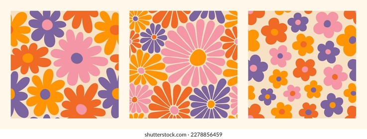 Groovy Daisy Flowers Seamless Patterns Set. Floral Vector Background in 1970s Hippie Retro Style for Print on Textile, Wrapping Paper, Web Design and Social Media. Orange, Pink and Purple Color.