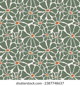 Groovy daisy flowers seamless vector pattern. Floral background in 1970s Hippie retro style. Flower Power.
