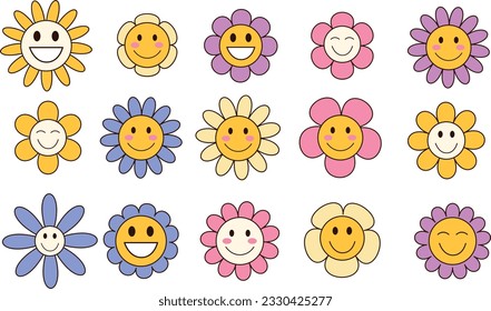 Groovy daisy flowers set. Flat color icons. Simple flower silhouette. Retro vintage style, hand drawn decorative elements. A set of vector vintage flowers. 70s style. Hippie style design, power flower