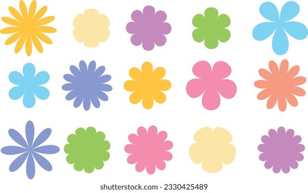 Groovy daisy flowers set. Flat color icons. Simple flower silhouette. Retro vintage style, hand drawn decorative elements. A set of vector vintage flowers. 70s style. Hippie style design, power flower