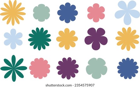 Groovy daisy flowers set. Flat color icons. Simple flower silhouette. Retro vintage style, hand drawn decorative elements. A set of vector vintage flowers. 70s style. Hippie style design, power flower